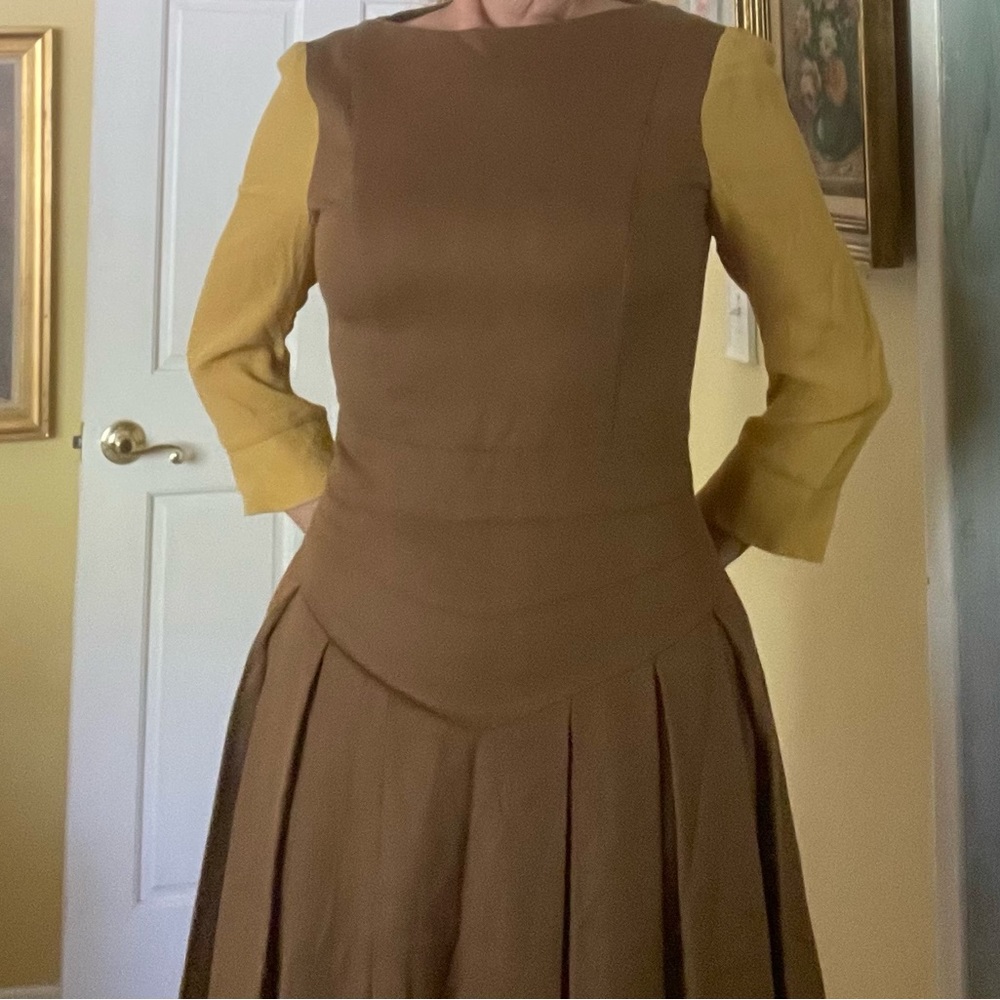 Lattori Felt Brown and Mustard Sleeve MIDI Dress